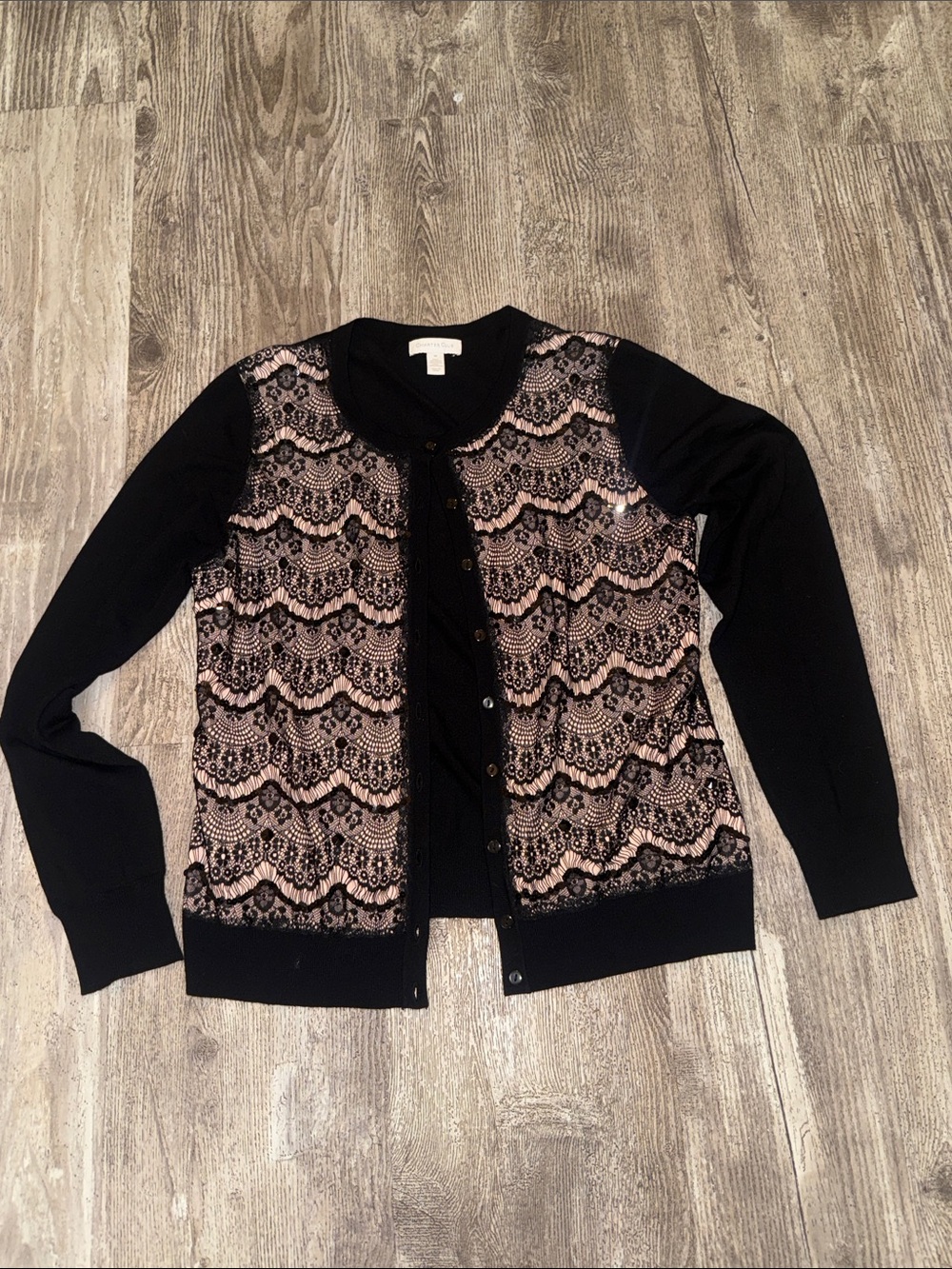 Charter Club Black Cardigan with Nude Lace Overlay